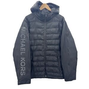 Michael Kors Womens Large Puffer Coat Black Mid Length Hooded Winter Essential